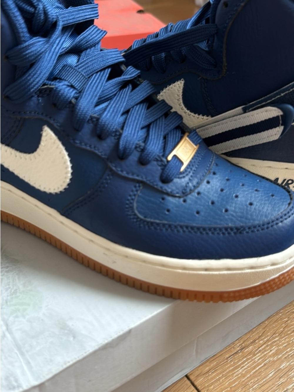 Nike Royal Blue Leather Air Force 1 Sneakers with White Swoosh and Gum Sole